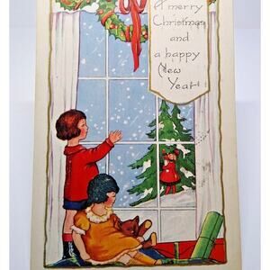 Christmas Postcard Children Looking Outside Window Snow Tree Brown Bear Whitney